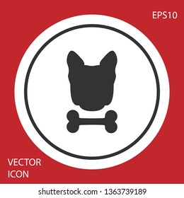 Grey Dog and bone icon isolated on red background. Pets food symbol. White circle button. Vector Illustration