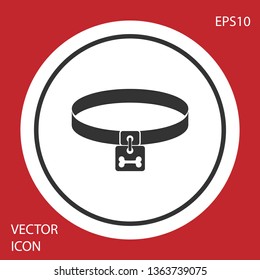 Grey Dog collar with name tag and bone plaque icon isolated on red background. Supplies for domestic animal. Cat and dog care. Pet dog chains. White circle button. Vector Illustration
