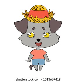 Grey Dog with hanging ears in summer clothes and a straw hat. Coloring book pages for kids. Cartoon vector illustration. Contour on a white background.