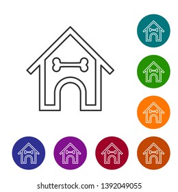 Grey Dog house and bone line icon isolated on white background. Dog kennel. Set icon in color circle buttons. Vector Illustration