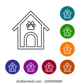 Grey Dog house and paw print pet line icon isolated on white background. Dog kennel. Set icon in color circle buttons. Vector Illustration