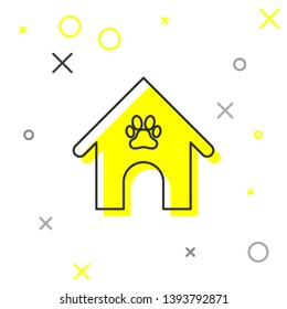 Grey Dog house and paw print pet line icon isolated on white background. Dog kennel. Vector Illustration