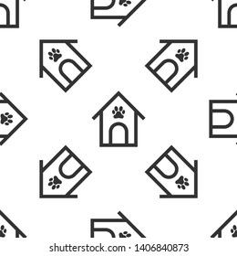 Grey Dog house and paw print pet icon isolated seamless pattern on white background. Dog kennel. Vector Illustration