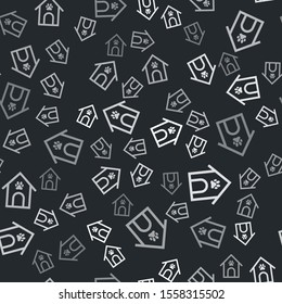 Grey Dog house and paw print pet icon isolated seamless pattern on black background. Dog kennel.  Vector Illustration