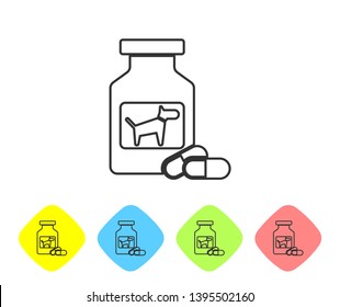 Grey Dog medicine bottle and pills line icon isolated on white background. Container with pills. Prescription medicine for animal. Set icon in color rhombus buttons. Vector Illustration