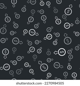 Grey Dollar rate decrease icon isolated seamless pattern on black background. Cost reduction. Money symbol with down arrow. Business lost crisis decrease.  Vector
