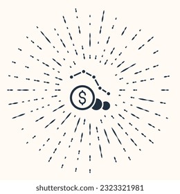 Grey Dollar rate decrease icon isolated on beige background. Cost reduction. Money symbol with down arrow. Business lost crisis decrease. Abstract circle random dots. Vector