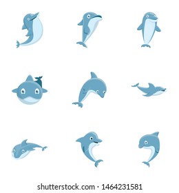 Grey dolphin icon set. Cartoon set of 9 grey dolphin vector icons for web design isolated on white background