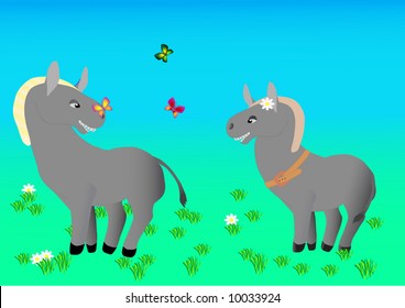 grey donkeys couple on summer green meadow and butterflys (vector illustration)