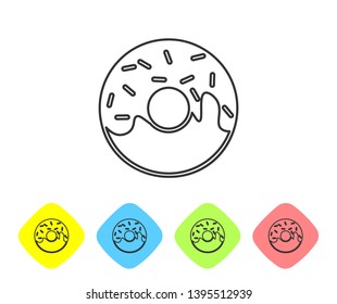 Grey Donut with sweet glaze line icon isolated on white background. Set icon in color rhombus buttons. Vector Illustration