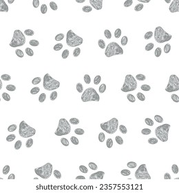 Grey doodle paw prints pattern. Seamless fabric design pattern