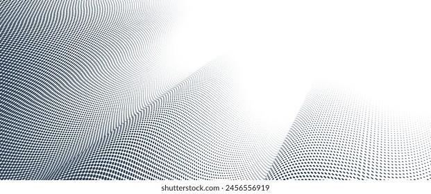 Grey dots in 3D perspective vector abstract background, dotted pattern cool design, wave stream of science technology or business blank template for ads.