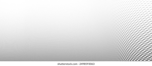 Grey dots in 3D perspective vector abstract background, dotted pattern cool design, wave stream of science technology or business blank template for ads.