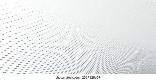 Grey dots in 3D perspective vector abstract background, dotted pattern cool design, wave stream of science technology or business blank template for ads.