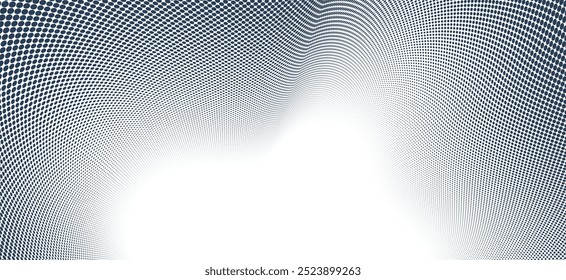 Grey dots in 3D perspective vector abstract background, dotted pattern cool design, wave stream of science technology or business blank template for ads.