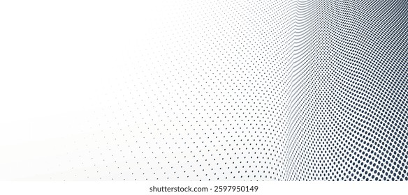 Grey dots in 3D perspective vector abstract background, dotted pattern cool design, wave stream of science technology or business blank template for ads.