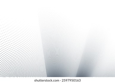 Grey dots in 3D perspective vector abstract background, dotted pattern cool design, wave stream of science technology or business blank template for ads.