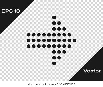Grey Dots arrow icon isolated on transparent background. Halftone arrow. Dotted arrow sign.  Vector Illustration