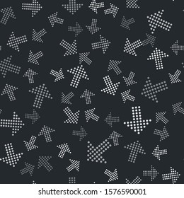 Grey Dots arrow icon isolated seamless pattern on black background. Halftone arrow. Dotted arrow sign.  Vector Illustration