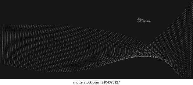 Grey dots in motion vector abstract background over black, particles array wavy flow, curve lines of points in movement, technology and science illustration.