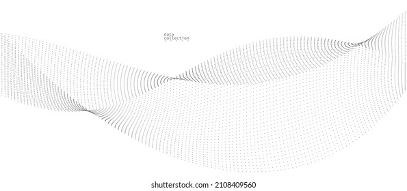 Grey dots in motion vector abstract background, particles array wavy flow, curve lines of points in movement, technology and science illustration.
