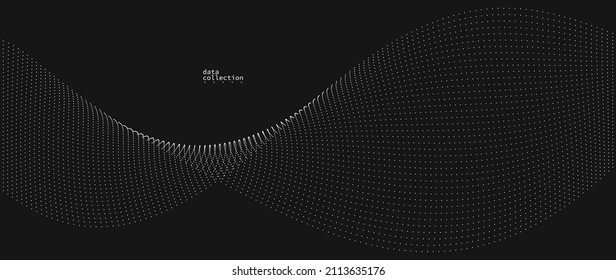 Grey dots in motion vector abstract background over black, particles array wavy flow, curve lines of points in movement, technology and science illustration.