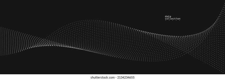 Grey dots in motion vector abstract background over black, particles array wavy flow, curve lines of points in movement, technology and science illustration.