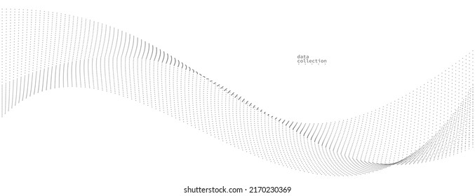 Grey dots in motion vector abstract background, particles array wavy flow, curve lines of points in movement, technology and science illustration.