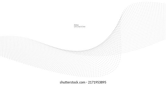 Grey dots in motion vector abstract background, particles array wavy flow, curve lines of points in movement, technology and science illustration.