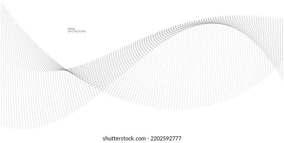 Graue Punkte in Bewegung, abstrakter Vektorhintergrund, gewellte Partikel, gewellter Fluss, Kurvenlinien von Punkten in Bewegung, Technologie und naturwissenschaftliche Illustration.