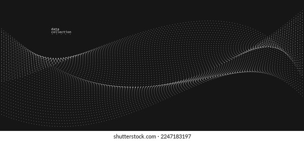 Grey dots in motion vector abstract background over black, particles array wavy flow, curve lines of points in movement, technology and science illustration.