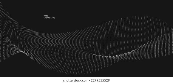 Grey dots in motion vector abstract background over black, particles array wavy flow, curve lines of points in movement, technology and science illustration.