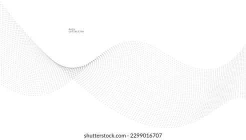 Grey dots in motion vector abstract background, particles array wavy flow, curve lines of points in movement, technology and science illustration.