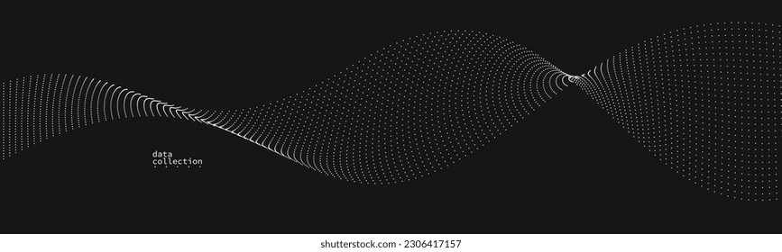 Grey dots in motion vector abstract background over black, particles array wavy flow, curve lines of points in movement, technology and science illustration.