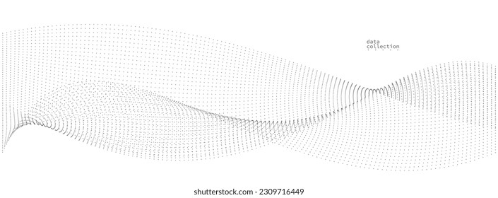 Grey dots in motion vector abstract background, particles array wavy flow, curve lines of points in movement, technology and science illustration.