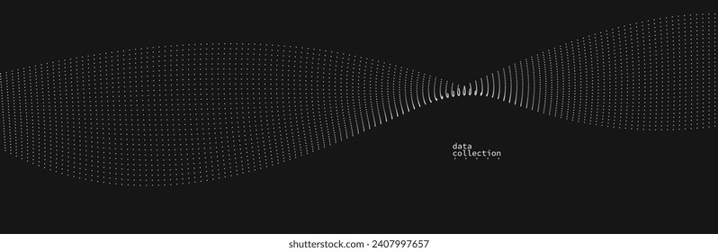 Grey dots in motion vector abstract background over black, particles array wavy flow, curve lines of points in movement, technology and science illustration.