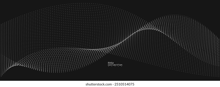 Grey dots in motion vector abstract background over black, particles array wavy flow, curve lines of points in movement, technology and science illustration.