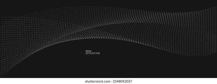 Grey dots in motion vector abstract background over black, particles array wavy flow, curve lines of points in movement, technology and science illustration.