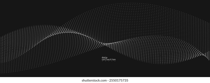 Pontos cinzas em movimento vetor abstrato fundo sobre preto, partículas matriz de fluxo ondulado, linhas de curva de pontos em movimento, tecnologia e ilustração científica.