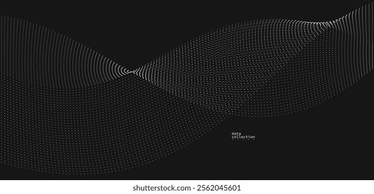 Grey dots in motion vector abstract background over black, particles array wavy flow, curve lines of points in movement, technology and science illustration.