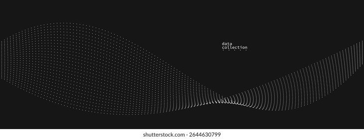 Grey dots in motion vector abstract background over black, particles array wavy flow, curve lines of points in movement, technology and science illustration.