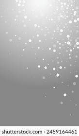 Grey Dots Vector Grey Background. Silver Xmas Confetti Card. Chrismas Snowflake Invitation. Glow Snowstorm Backdrop.