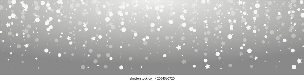 Grey Dots Vector Grey Panoramic Background. White Xmas Stars Wallpaper. Elegant Snowflake Invitation. Magic Confetti Banner.