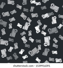 Grey Download arrow with folder icon isolated seamless pattern on black background.  Vector Illustration