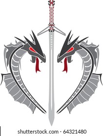grey dragons and fantasy sword. vector illustration
