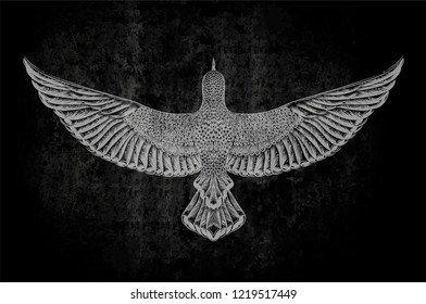 Grey drawing dove on the rock background. Grunge design.