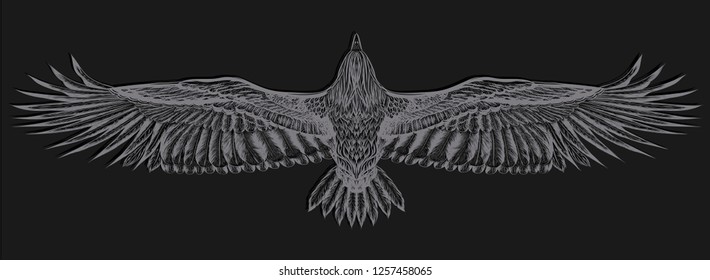 Grey drawn eagle on the black background. Sketch print t shirt and tattoo art, coloring book. Engraving illustration on the rock. Nature texture.