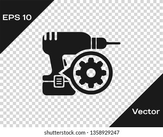 Grey Drill machine and gear icon isolated on transparent background. Adjusting app, service concept, setting options, maintenance, repair, fixing. Vector Illustration
