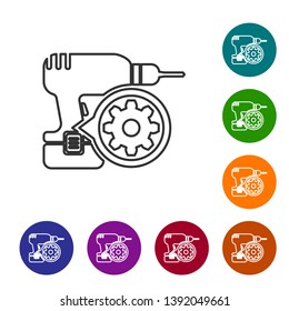 Grey Drill machine and gear line icon on white background. Adjusting app, service concept, setting options, maintenance, repair, fixing. Set icon in color circle buttons. Vector Illustration