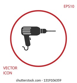 Grey Drill machine icon isolated on white background. Red circle button. Vector Illustration